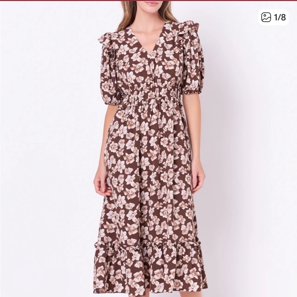 English Factory Brown Floral Long Sleeve Dress
